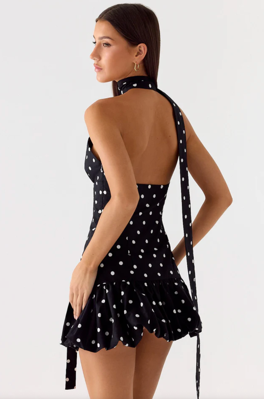 Belina Scarf Mini Dress - Black Polka