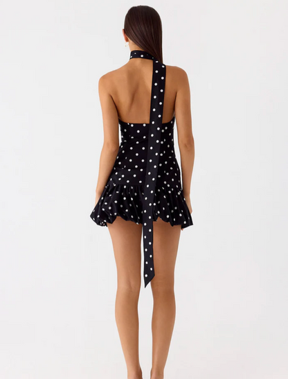 Belina Scarf Mini Dress - Black Polka